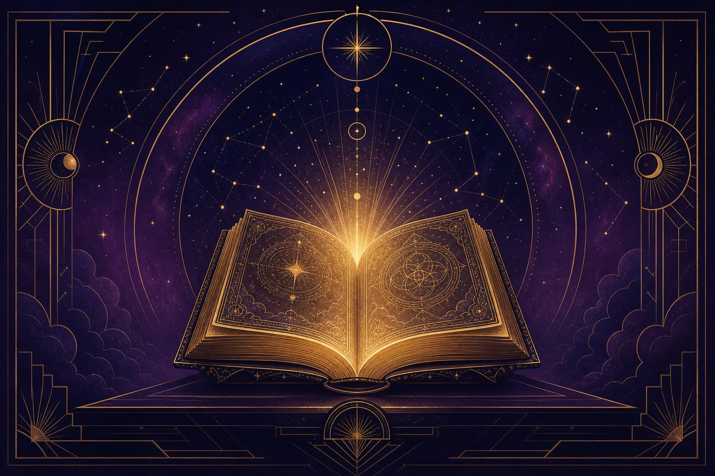 An open glowing golden book radiating light beneath a night sky of constellations, symbolizing the Akashic Records