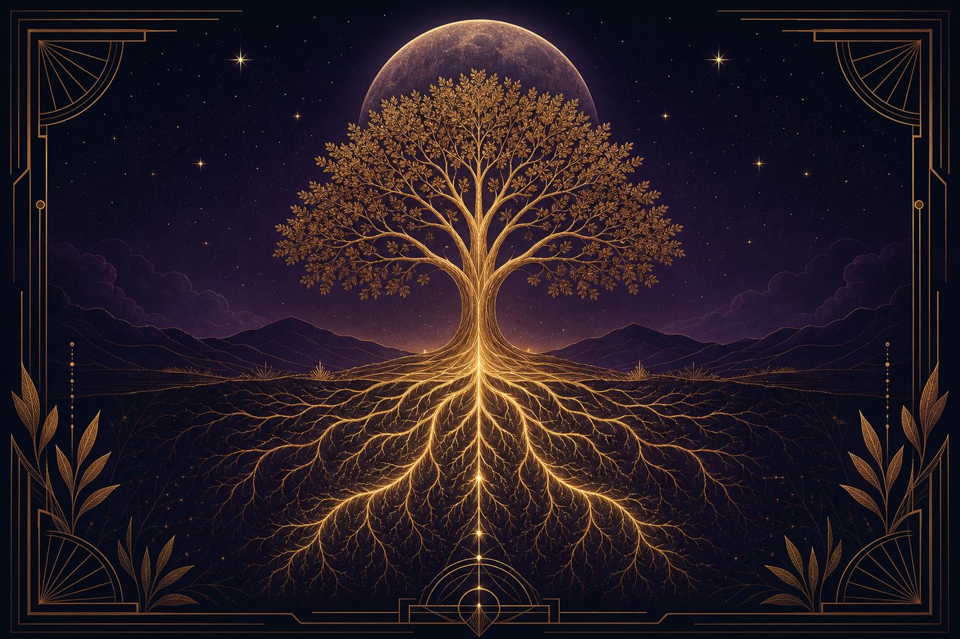 A glowing golden tree with radiant roots reaching deep into the earth beneath a full moon