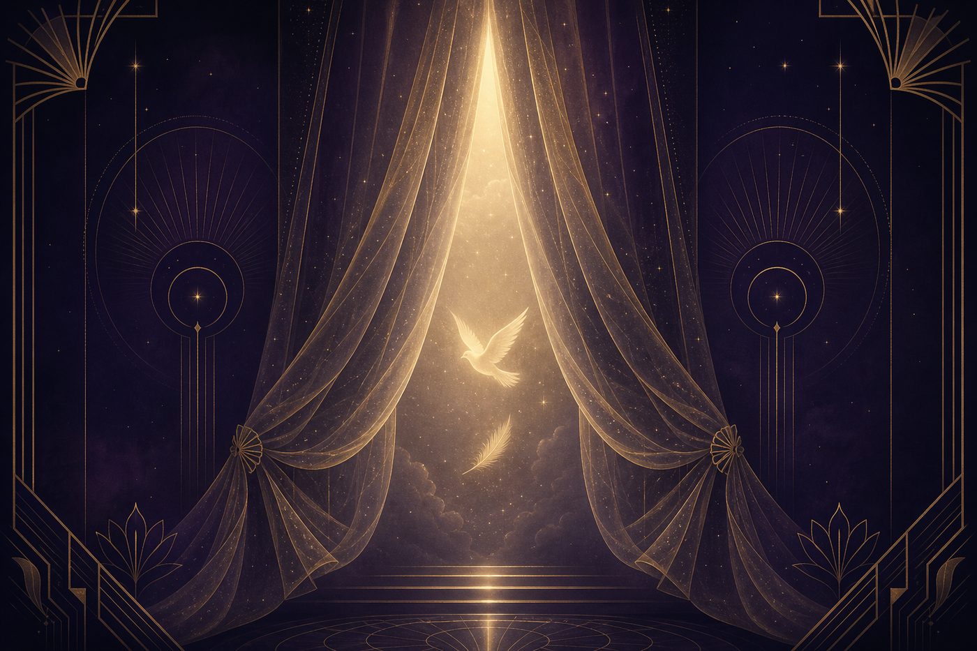 A sheer golden veil parting to reveal soft light and a dove in flight, symbolizing spirit communication