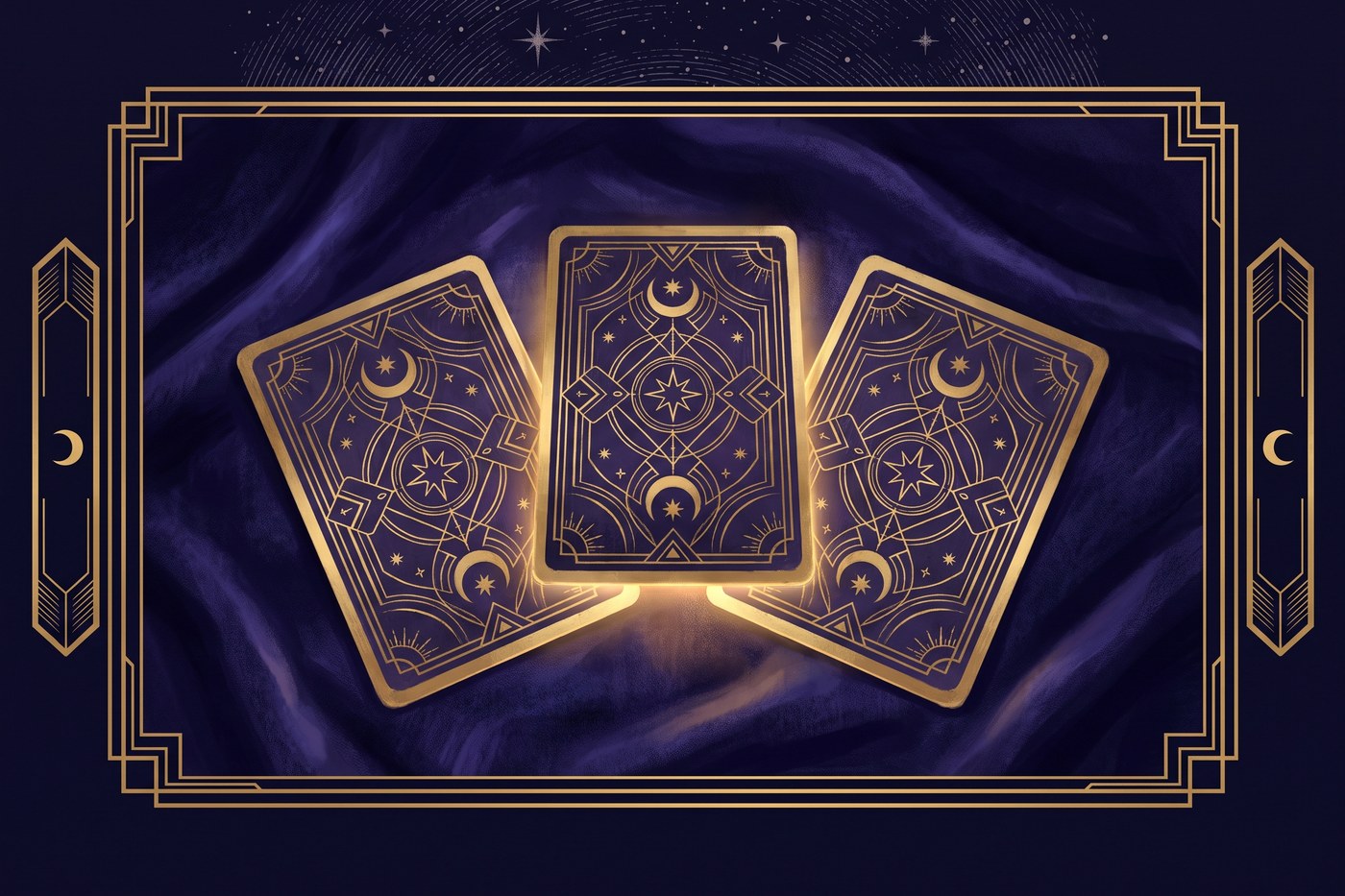 Three gold-edged oracle cards fanned face down on deep indigo velvet, the center card lifting into golden light