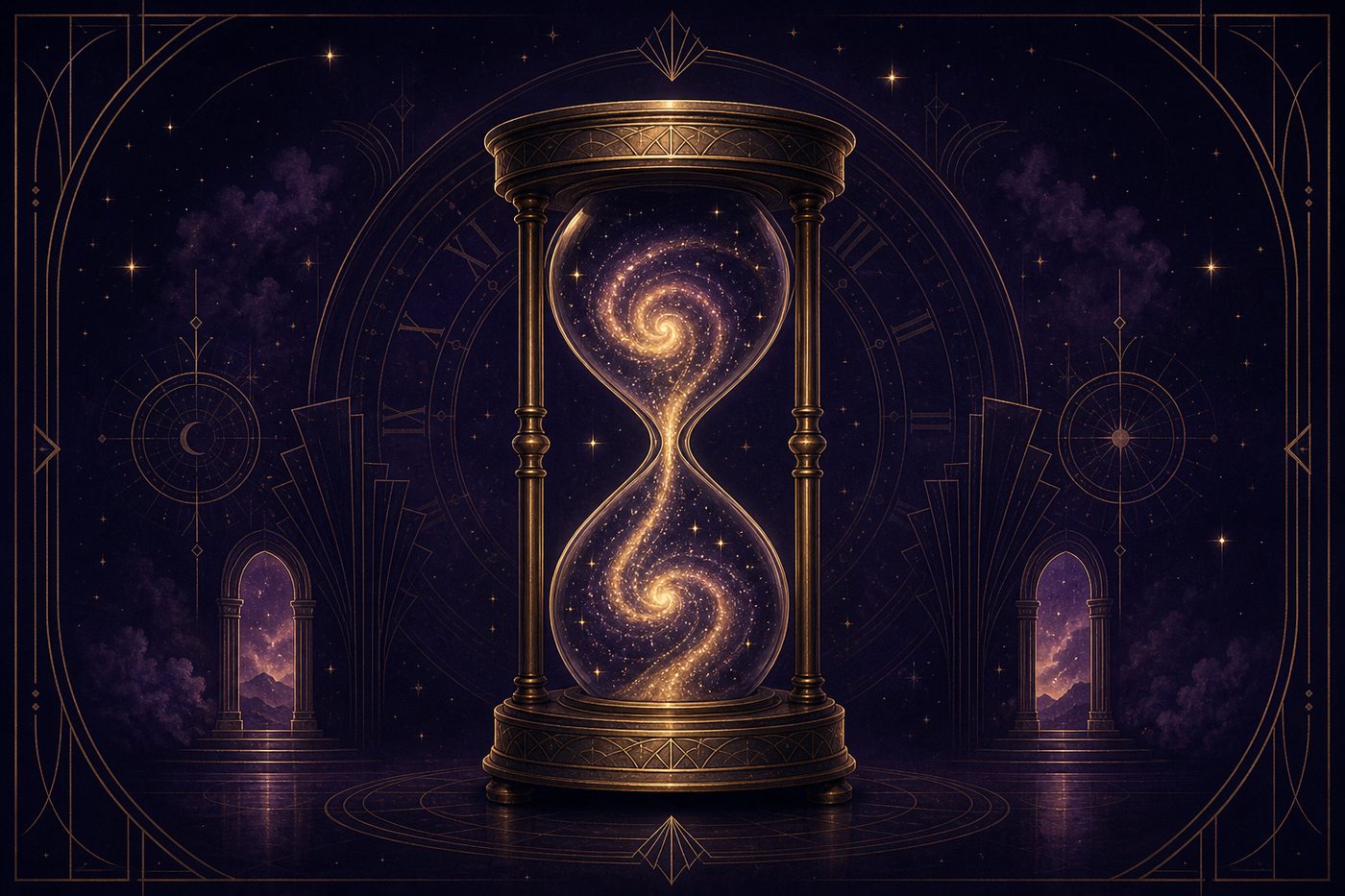 A golden hourglass with a swirling galaxy inside instead of sand, framed by art deco archways