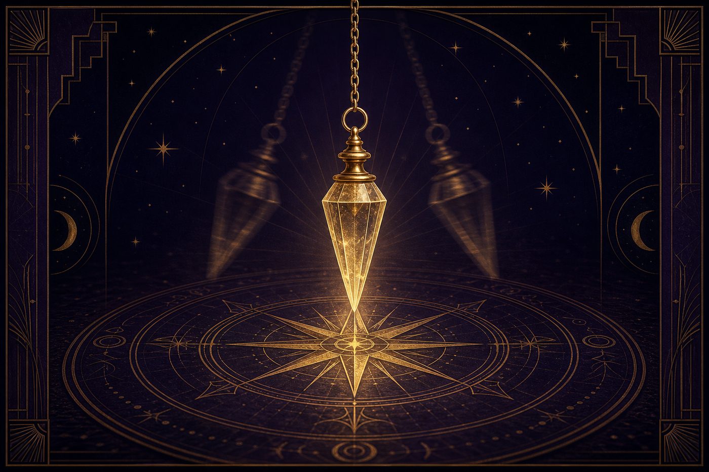 A golden crystal pendulum swinging above an engraved compass rose