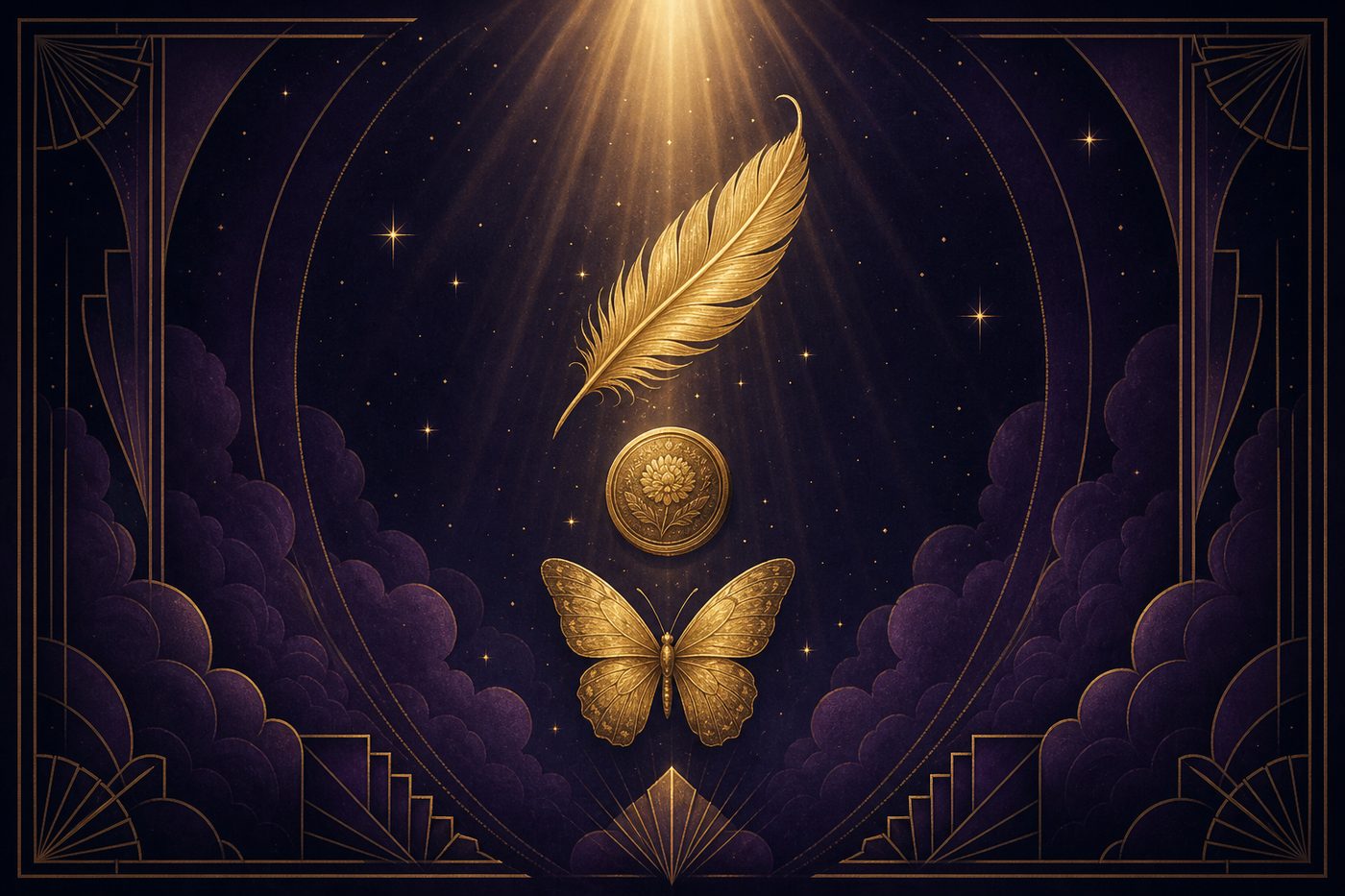 A golden feather, coin, and butterfly illuminated by a beam of light from above