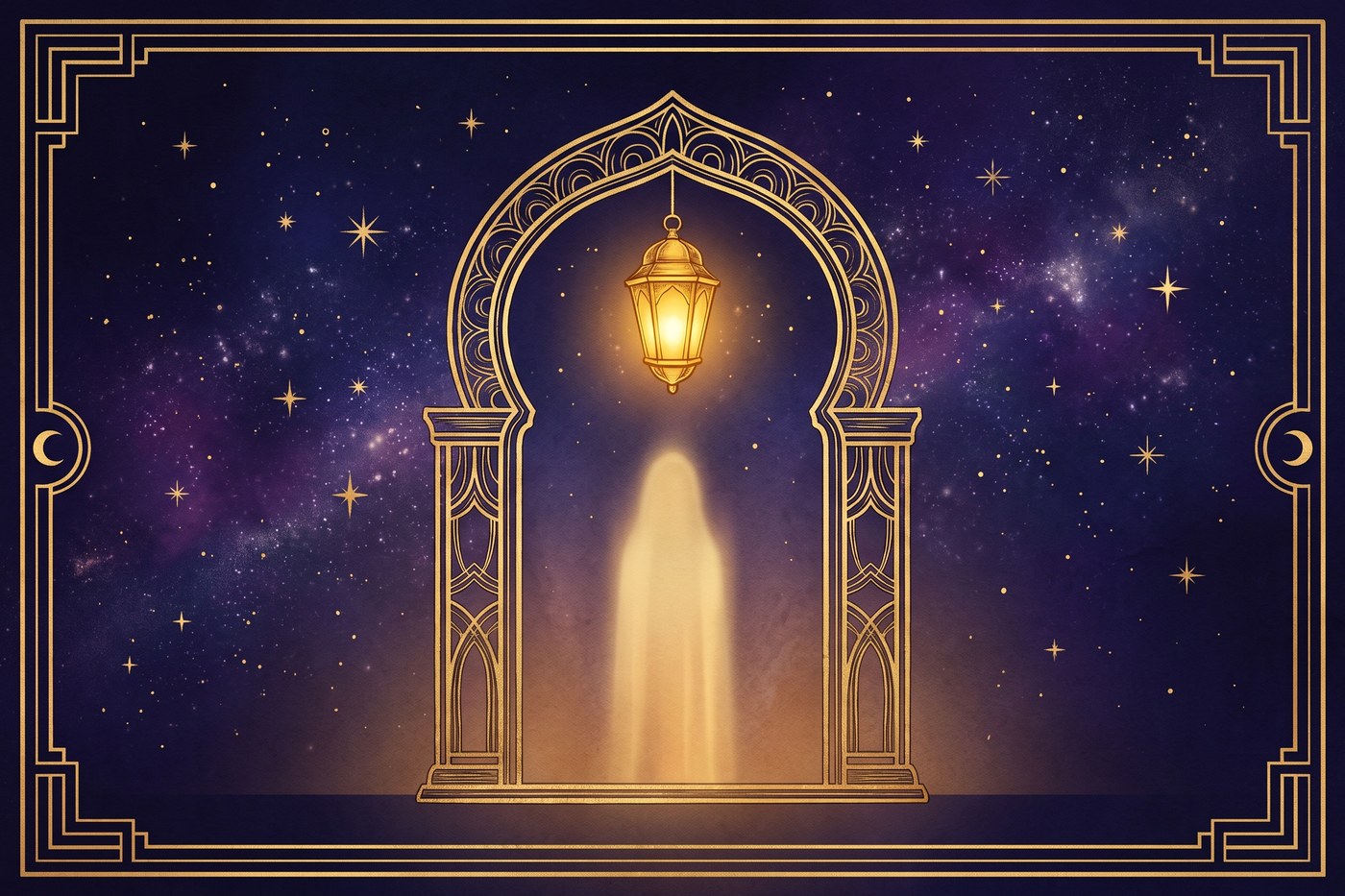 A golden art deco archway open to a starlit sky with a lantern glowing at its center and soft light beyond the threshold