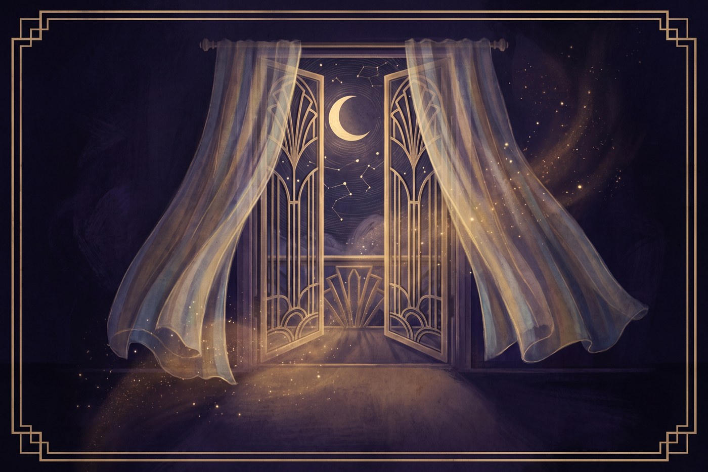An open art deco window at night with sheer curtains lifting, moonlight and gold light pouring into a dark room